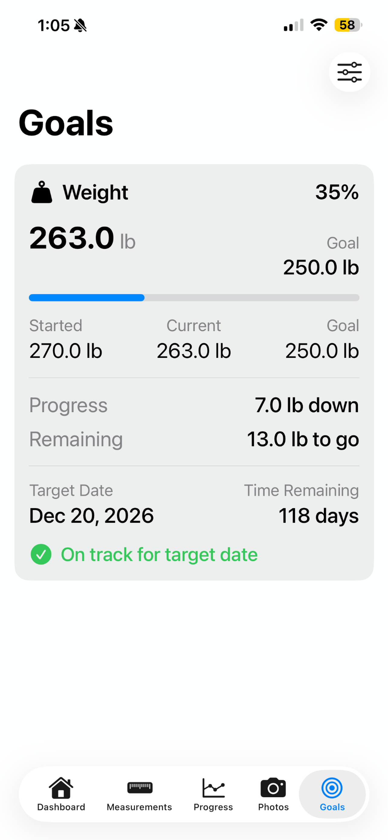 Goals screen in Measurely